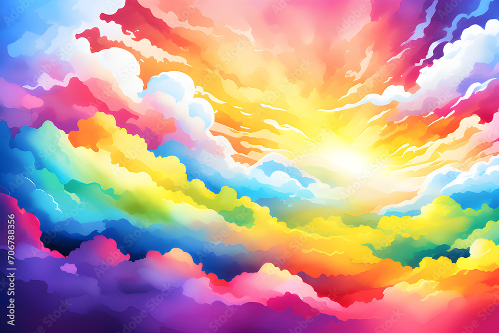 Rainbow-Colored Watercolor Full Background - Fantastic Natural Beauty with Cloud generative ai