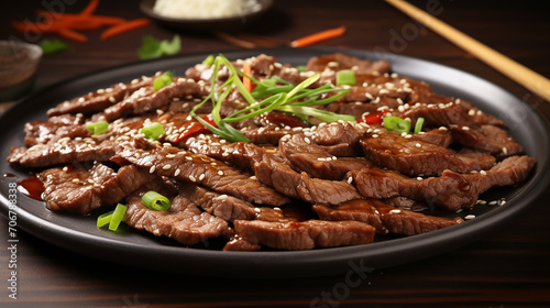 asian bulgogi beef slices fried with sesame on plate. delicious korean food