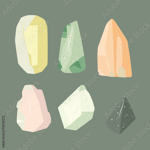 Set of different colored crystals, geometric mineral stones. Collection of gemstones isolated on a plain background vector illustration.