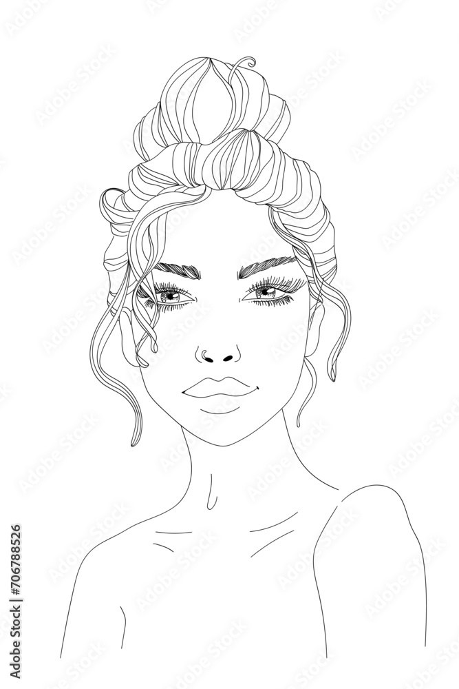 woman portrait line art illustration messy bun girl ink pen drawing sensual lips beautiful woman sketch black and white hairstyle outline linear contour hand drawn beauty fashion illustration artwork