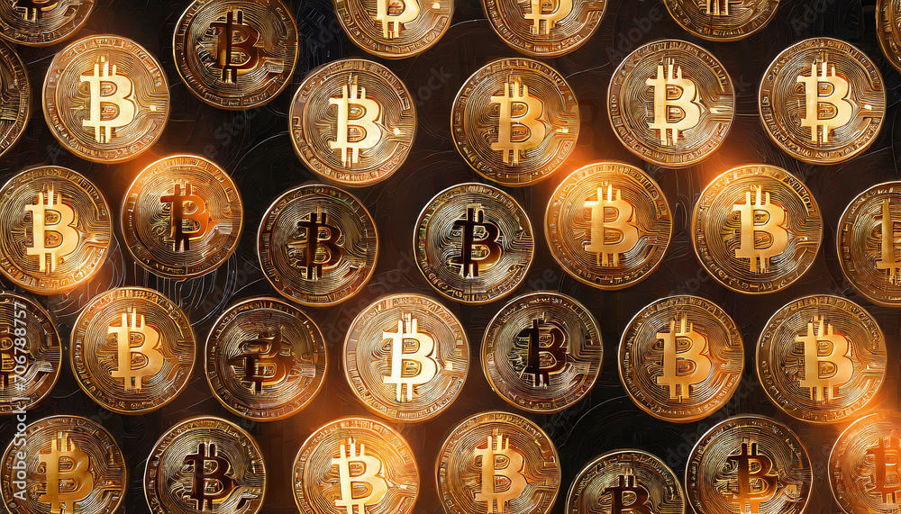 Bitcoin. Cryptocurrency. Golden coins of bitcoin on a dark background. Digital currency. Bitcoin. Cryptocurrency. Golden coins of bitcoin on a dark background. Digital currency.