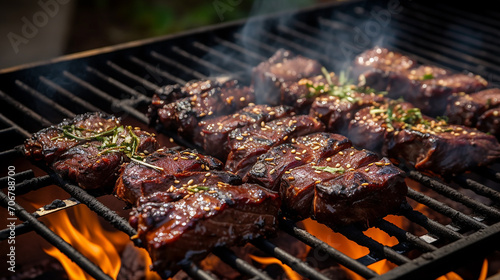 char-grilled marinated BBQ Korean short ribs on a barbecue grill. delicious Koran food concept photo