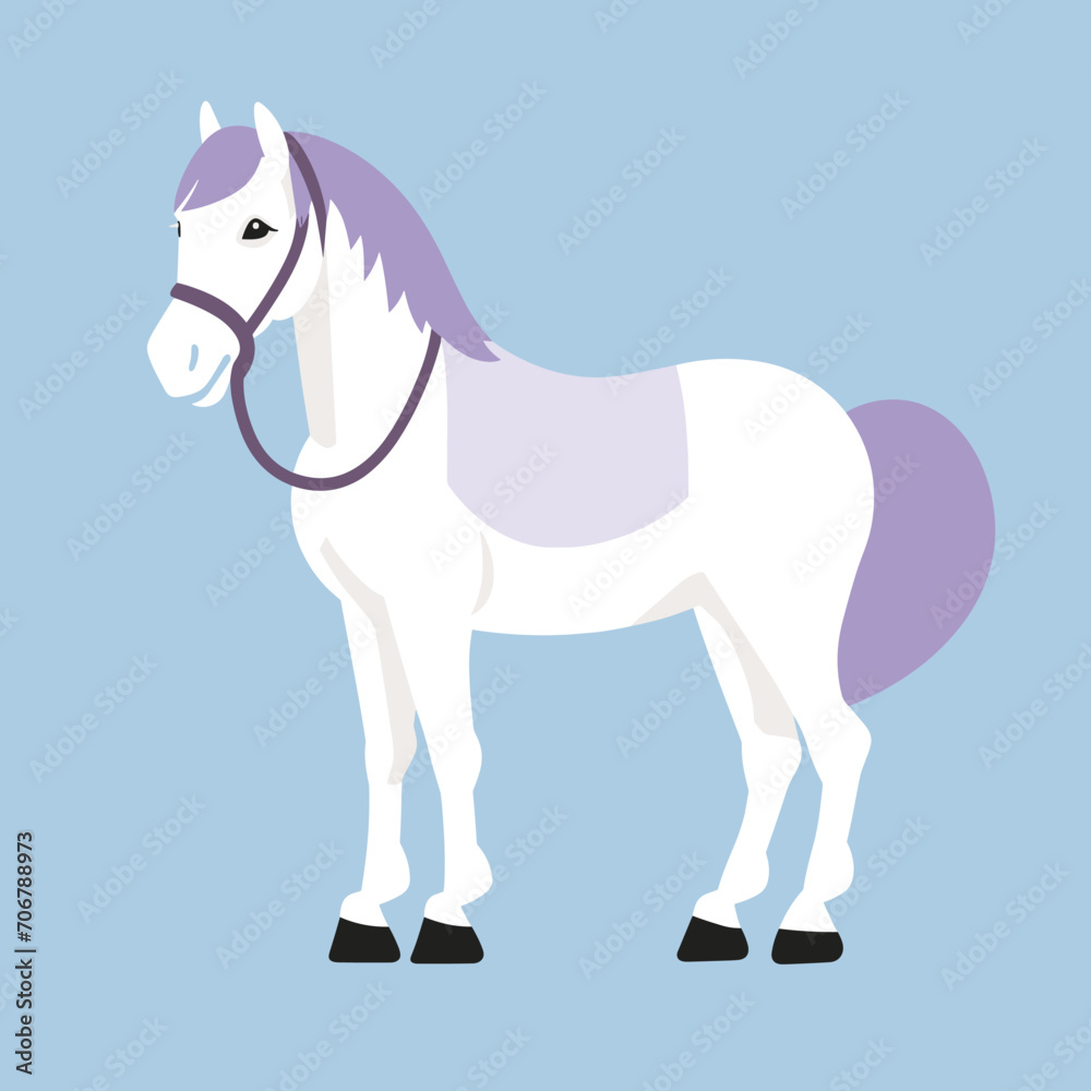 Obraz premium White horse with purple mane, simple cartoon style on blue background. Equestrian, kids illustration, farm animal vector illustration.