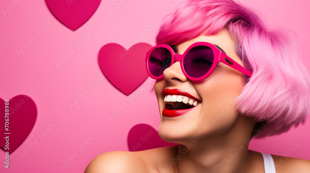 Beautiful girl with big glasses with happy pink atmosphere celebrating day of love and friendship - copyspace Beautiful girl with big glasses with happy pink atmosphere celebrating day of love and friendship - copyspace