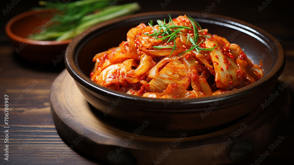 kimchi in a bowl on wooden table