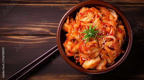 kimchi cabbage in a bowl with chopsticks for eating photo