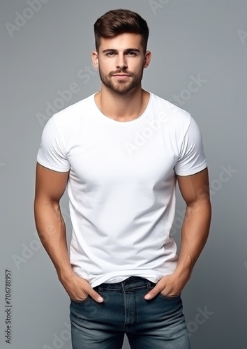Male model with neat beard in white t-shirt on gray