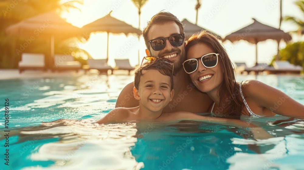 couple having fun in pool, parent and child in swimming pool