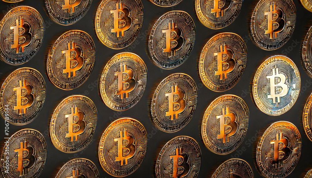 Bitcoin. Cryptocurrency. Golden coins of bitcoin on a dark background. Digital currency.