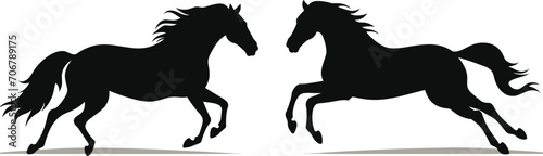 Two silhouette horses galloping side by side, black on white background. Equestrian elegance and dynamic motion vector illustration.