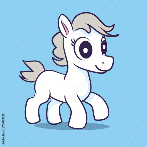 Cute cartoon baby pony smiling on a blue background. Friendly little horse for children s illustration. Vector illustration.