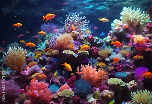 Ornamental fish on the beautiful sea bottom with coral reefs