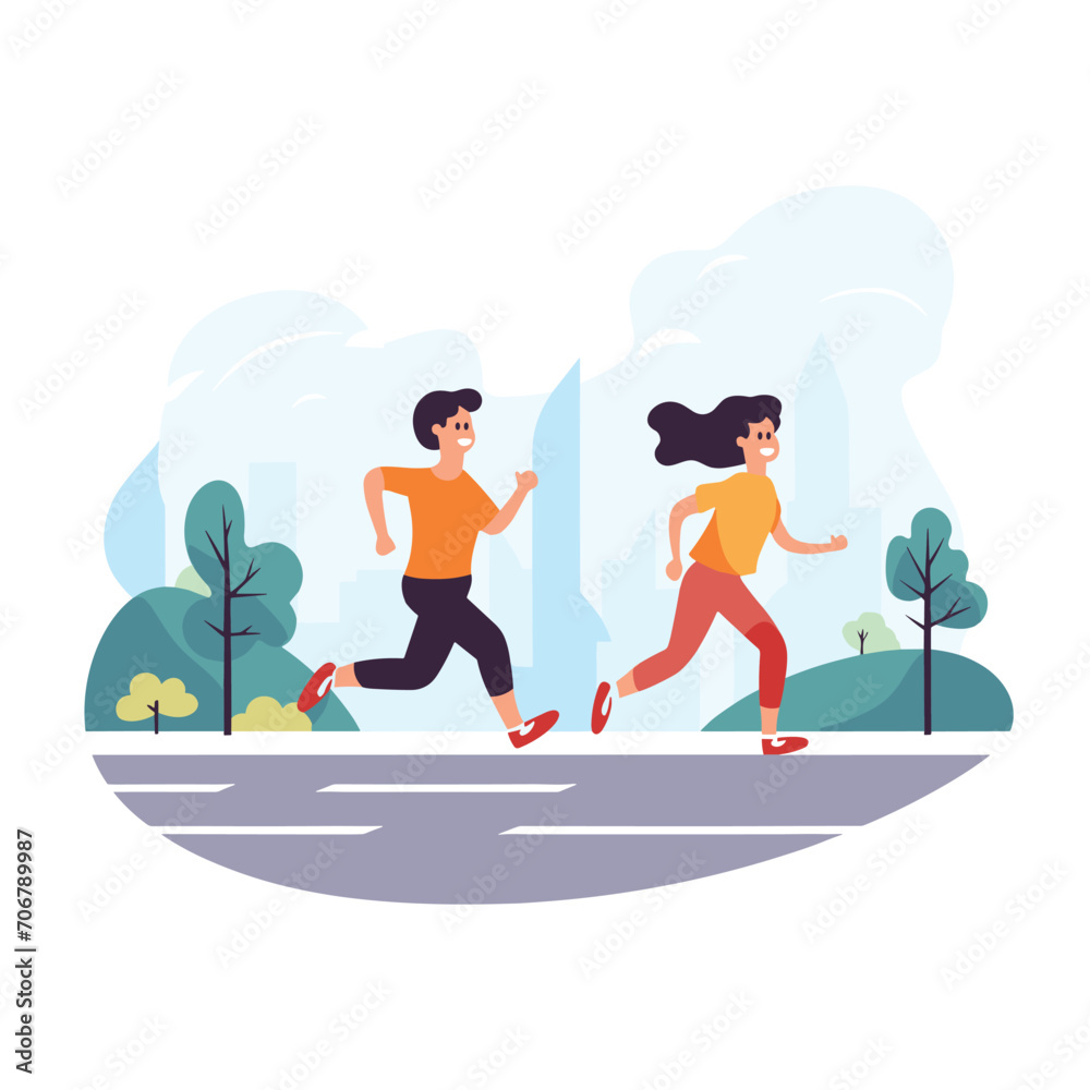 Male and female jogging in the city park, morning run, healthy lifestyle. Cartoon characters exercise outdoors, fitness activity vector illustration. Male and female jogging in the city park, morning run, healthy lifestyle. Cartoon characters exercise outdoors, fitness activity vector illustration.