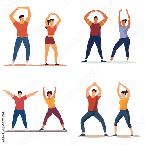 Group of people performing stretching exercises. Men and women in fitness workout poses. Healthy lifestyle and gym class routine vector illustration.