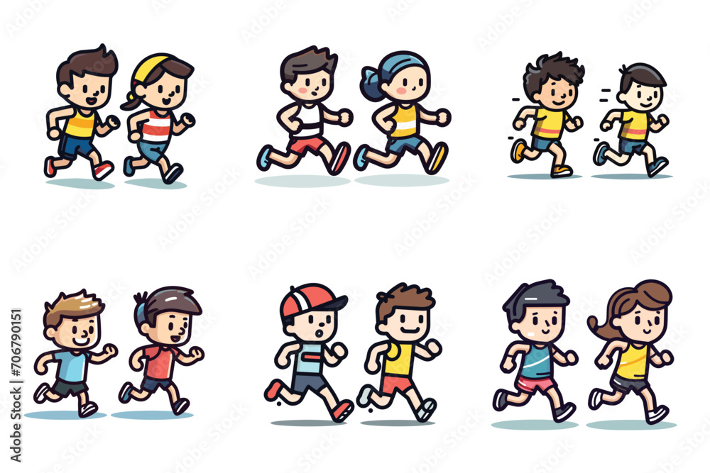 Kids running in sportswear, happy cartoon boys and girls exercising. Children in athletic activity, playful jogging vector illustration. Kids running in sportswear, happy cartoon boys and girls exercising. Children in athletic activity, playful jogging vector illustration.