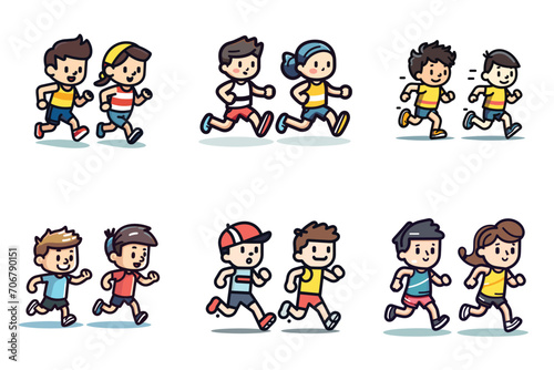 Kids running in sportswear, happy cartoon boys and girls exercising. Children in athletic activity, playful jogging vector illustration.