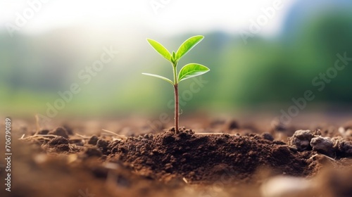 Closeup of a newly planted sapling with vibrant green leaves in a barren landscape.