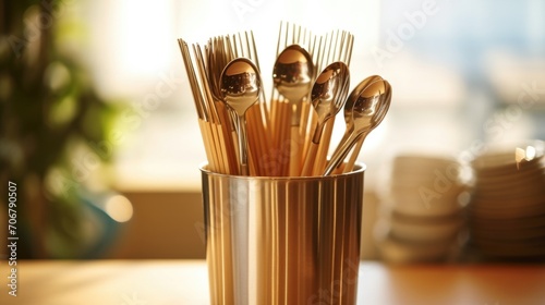 Closeup of a metal straw and bamboo utensils displayed in a zerowaste utensil holder. photo