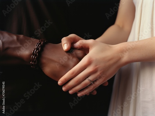 Couples holding hands, love and acceptance. Warm moment of a handshake between two individuals from different ethnic backgrounds, symbolizing peace and friendship. Black and white people.