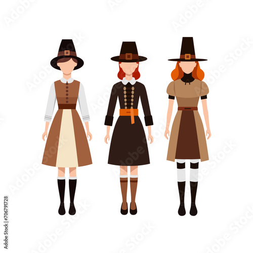 Simple Flat Design of Pilgrim Hats and Native American Headdresses for Thanksgiving Theme Illustration.