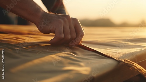 Closeup of hands tying a knot in a tarp to secure it over a damaged roof. photo