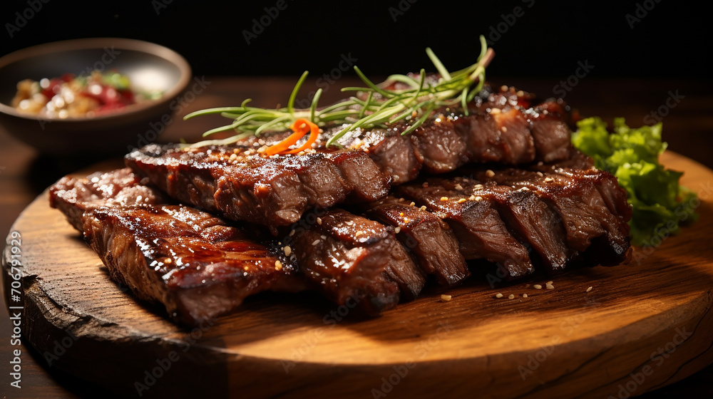 close up of delicious LA galbi or kalbi flat lay on wooden table