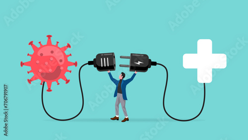 eradicate the virus with drugs or vaccines, man connect plug with virus to health symbol to get recovery concept vector illustration with flat style design
