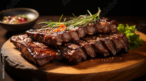 close up of delicious LA galbi or kalbi flat lay on wooden table photo