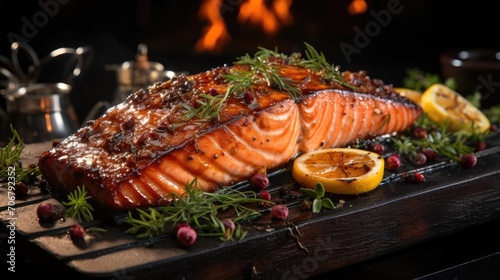 Delicious grilled salmon with vegetable topping, black and blurred background © GradPlanet