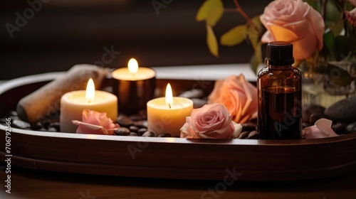 Closeup of a wooden tray filled with various essential oils  candles  and a body brush  ready for a romantic massage session.