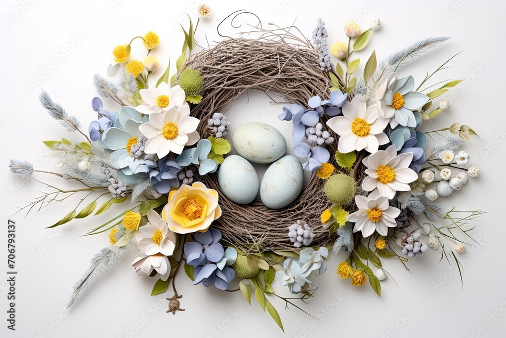 Easter bouquet with egg, wreath and flowers on white background
