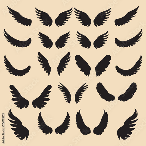 Angel or bird wing flat black silhouette set