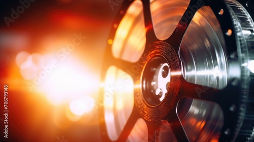 Closeup of a projector lens focusing on a movie reel.