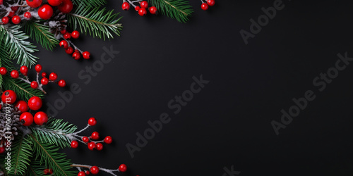 Red berries and pine tree branches Natural decoration for Christmas with globes and tree.AI Generative