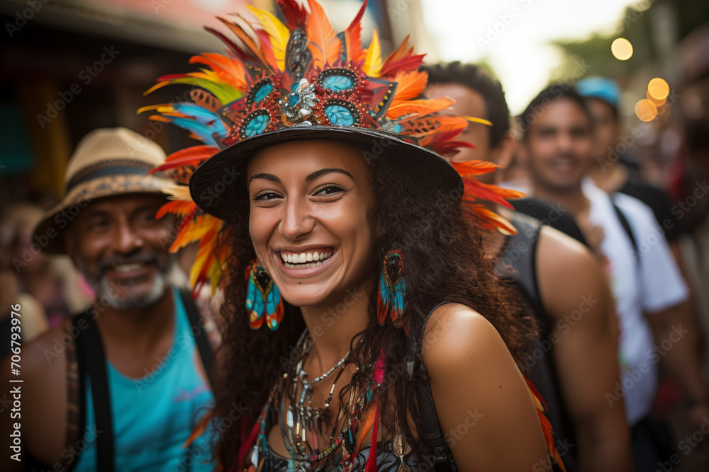 Hermosa Joven con sombrero alegorico de carnaval se Sumerge en la Efervescencia Festiva.