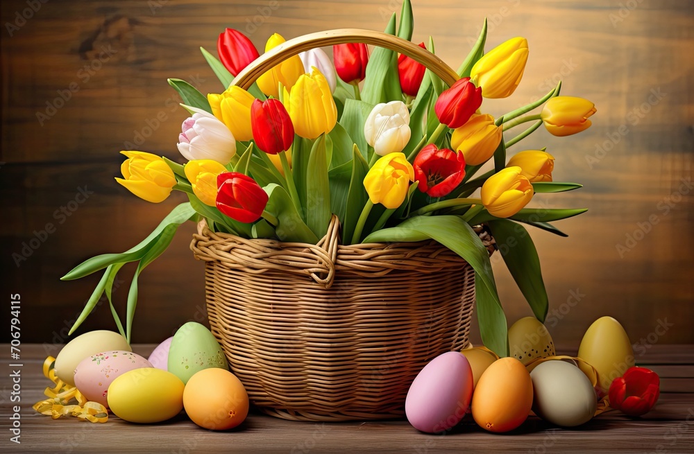 Basket with painted easter eggs, tulips, and a yellow background