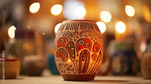 Closeup of a handcrafted ceramic vase adorned with symbols of hope and understanding.