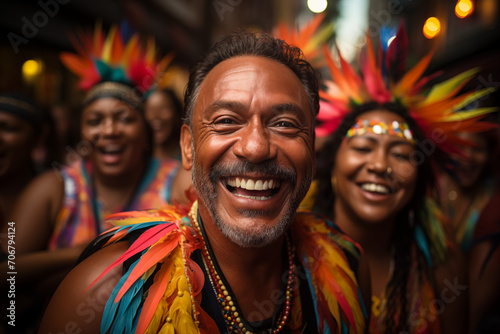 Alegría Juvenil, hombre sonríe mientras disfruta del carnaval en   las Calles en Plena Fiesta. photo