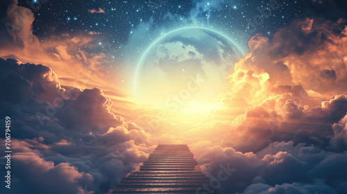 Stairway leading up to heaven. Empty Stair steps along Cloud in Sky to Light of Hope or Sun. Concept Bright Future in Life.