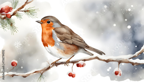 Watercolor Bird Robin on the snowy Branch 