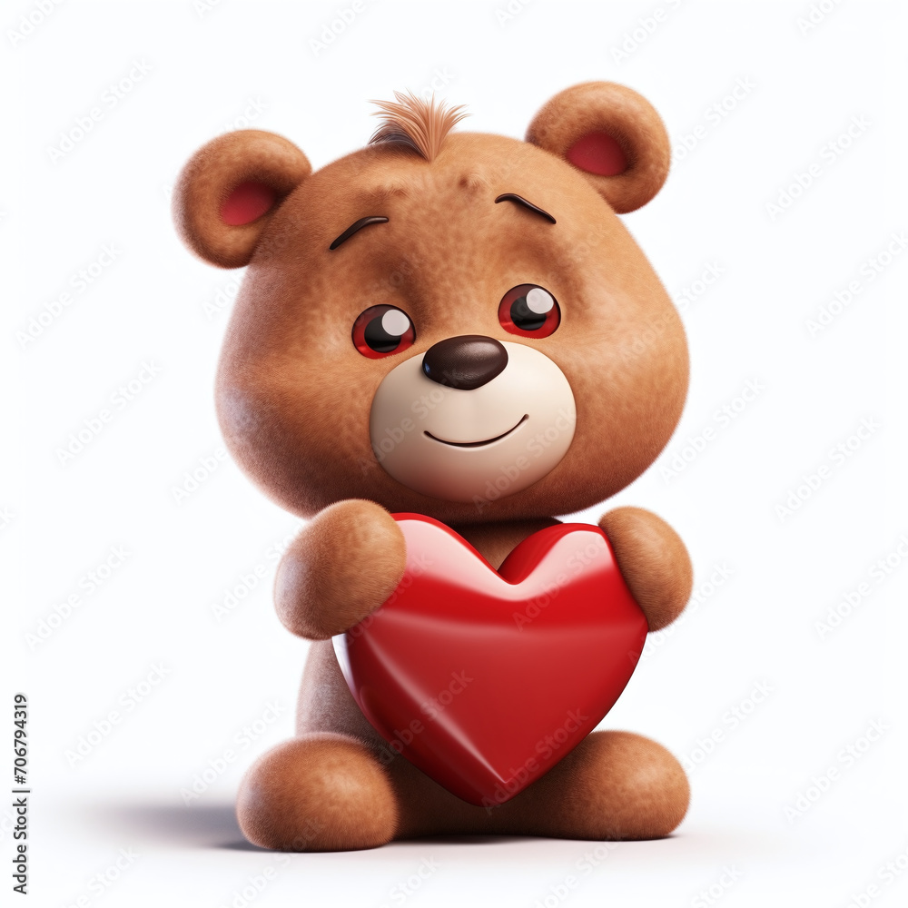 Obraz premium Cute teddy bear with a big red heart. Romantic gift for Valentine's Day or a love greeting