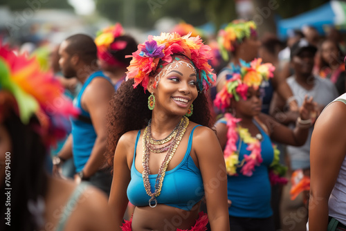 Hermosa y radiante joven con entre la multitud disfruta de un día de carnaval en las calles de panama