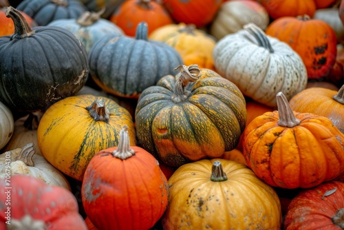 A close-up shot of colorful pumpkins and gourds, showcasing the autumn harvest and evoke the warmth and abundance...