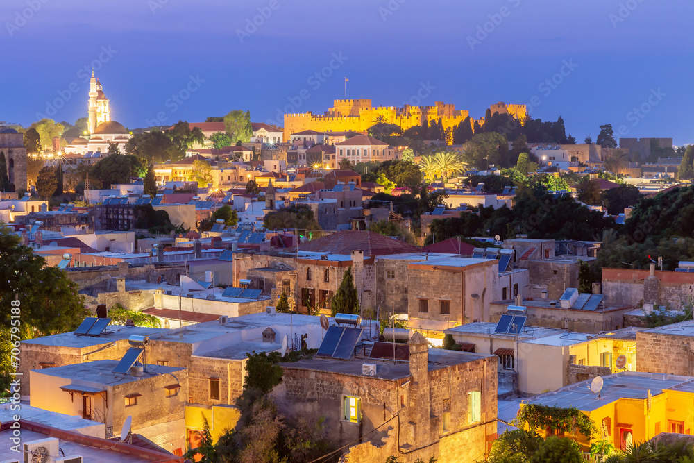 Scenic view of the historical part and the fort of Rhodes at sunset.