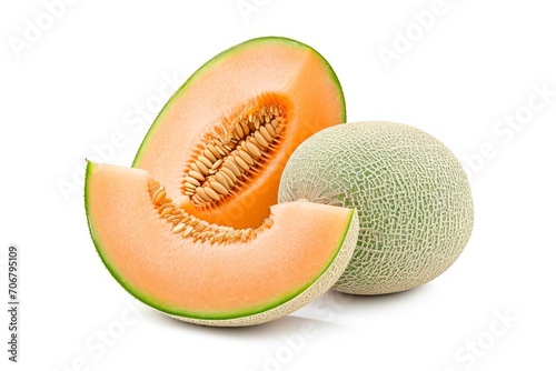 A cantaloupe, cut in half, is displayed on a white surface