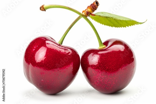 Two cherries with leaves are presented against a clear background.