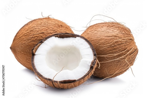 Two coconuts  cut in half  are displayed on a white surface  showcasing their rich texture.