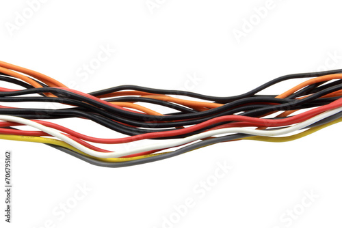 multicolored wire cable of usb and adapter isolated on white background.Selection focus.