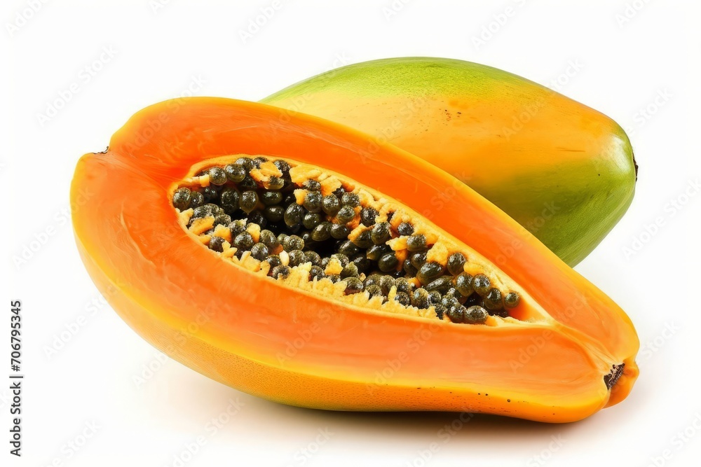 A papana, cut in half and appearing brightly colored, is shown on a white surface. A papana, cut in half and appearing brightly colored, is shown on a white surface.