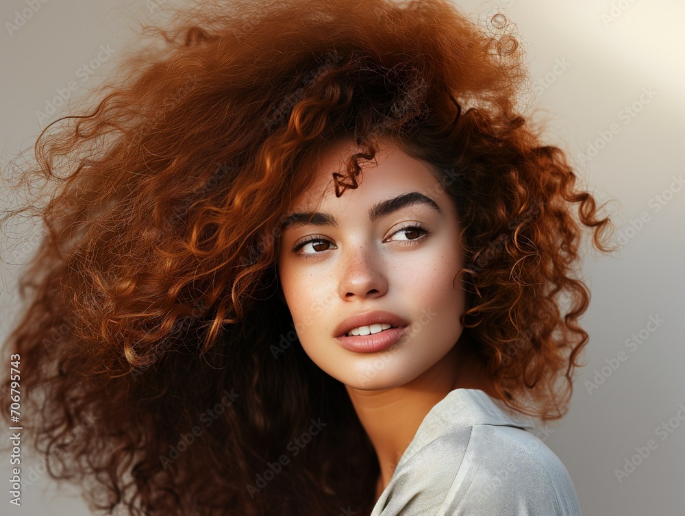 Fototapeta premium Vivacious Woman with Voluminous Auburn Curls. Generative AI.